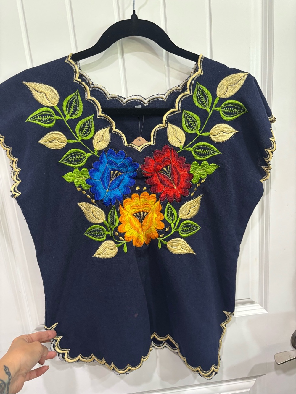 Traditional Mexican Embroidered Floral Navy Women’s Top with Multicolor Flowers